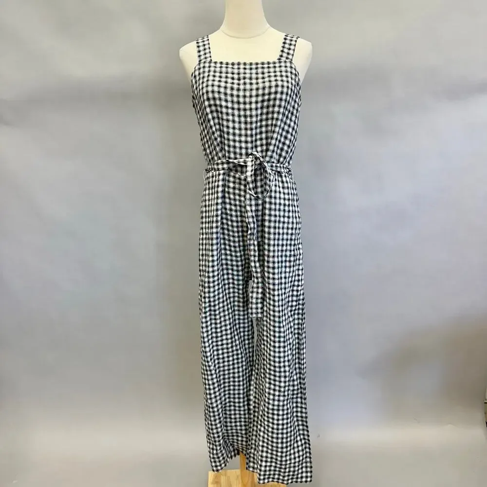 Quince European Linen Square Neck‎ Jumpsuit in Khaki/Black Gingham Medium NWT